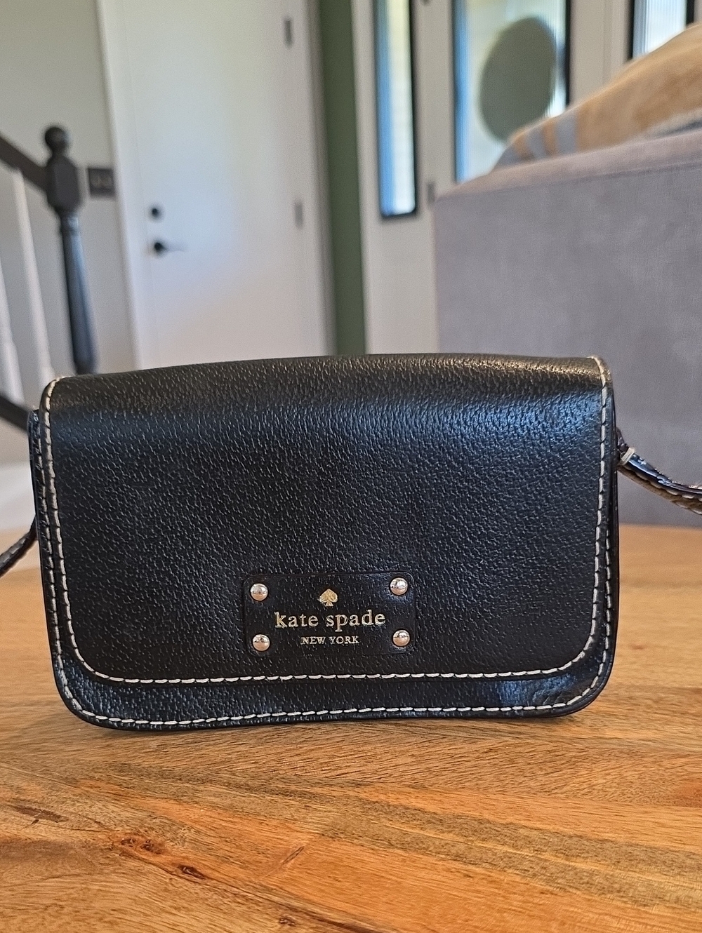 kate spade Black Leather Crossbody with Contrast White Stitching